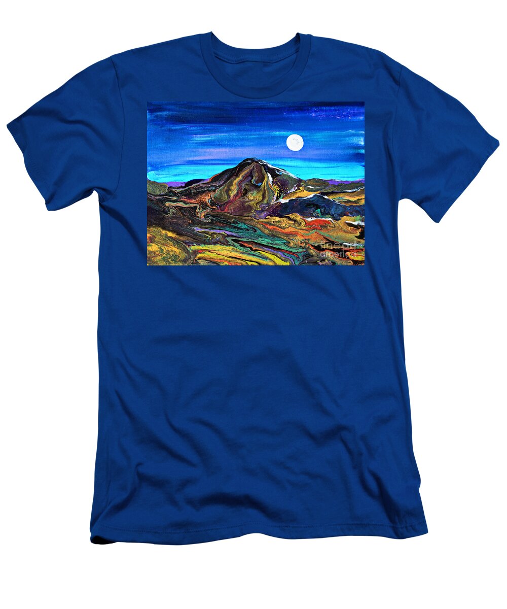 Full Moon Night Scene Landscape Dynamic Colorful Organic Dimensional Dramatic Mountain T-Shirt featuring the painting Moon Mountain #6714 A by Priscilla Batzell Expressionist Art Studio Gallery