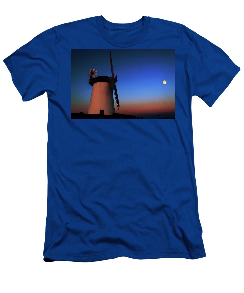 Andbc; Ballycopeland; Windmill; Millisle; Ards; Bangor; County Down; Northern Ireland; Sunset; Moonrise; Spring T-Shirt featuring the photograph Moonrise Mill by Martyn Boyd