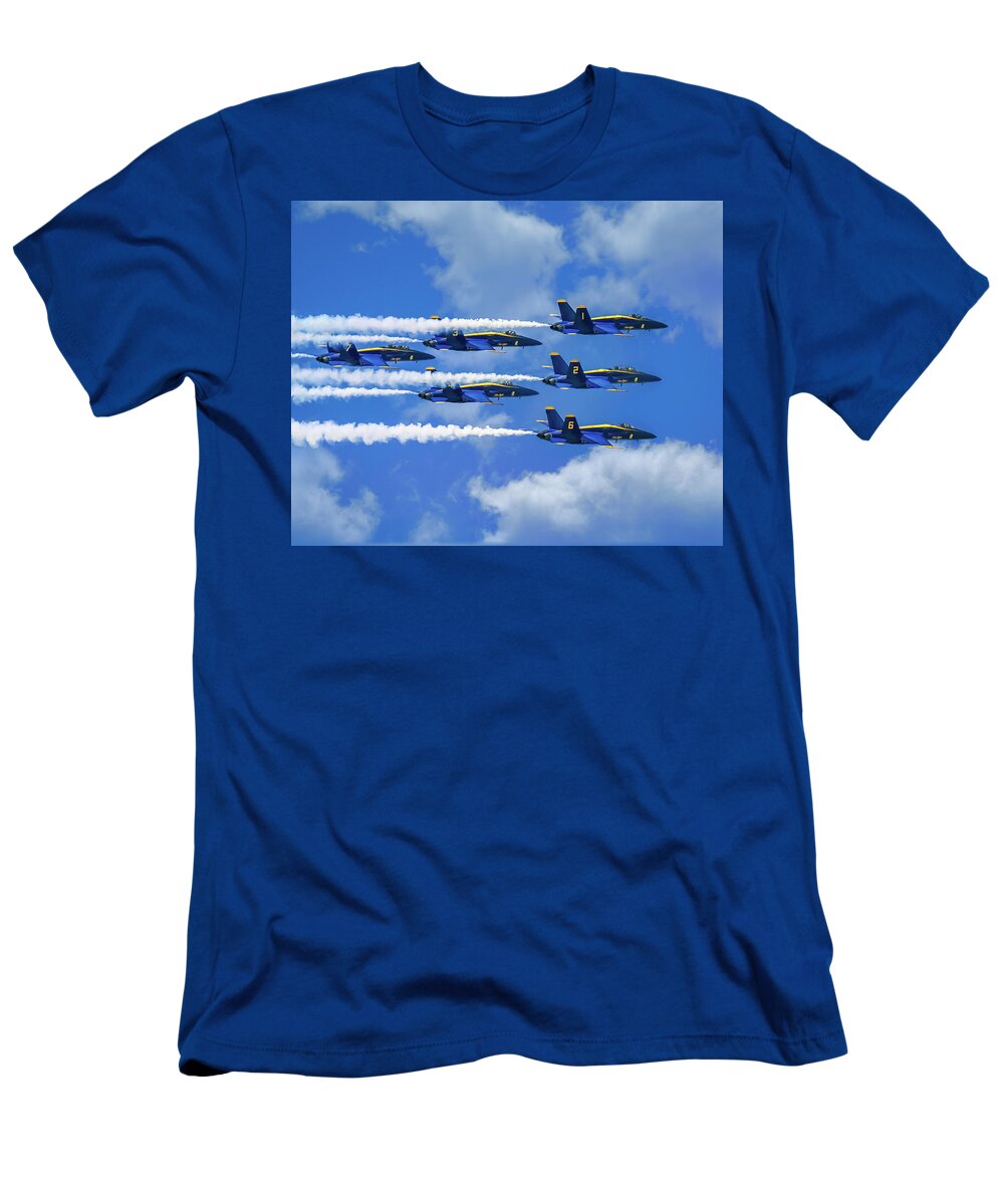 Blue Angels Show T-Shirt featuring the photograph Navy Blue Angels Airshow With Smoke Trails on Cloudy Day by Robert Bellomy