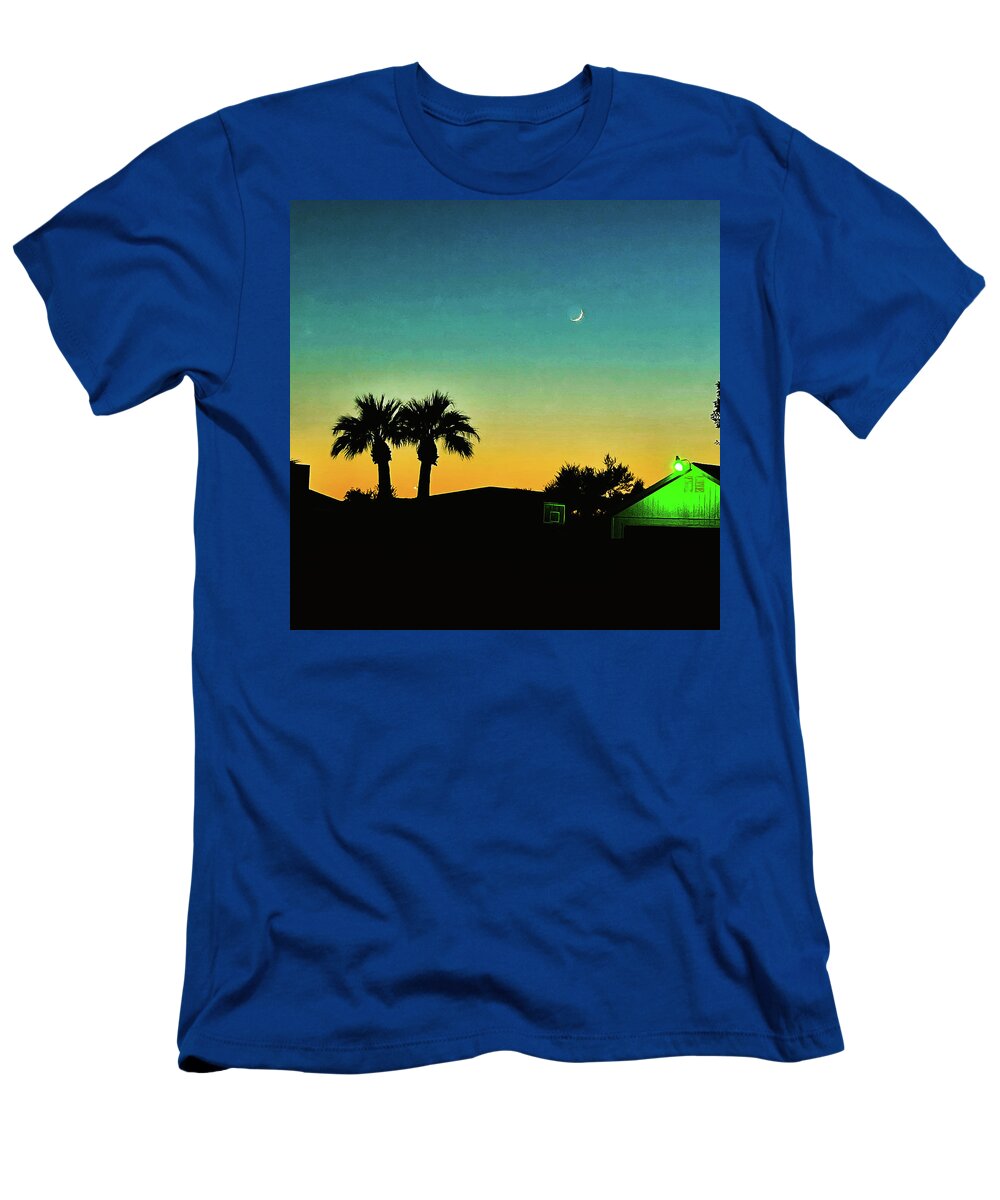 #landscapephotography #palmtrees #sunsetphotography #november #silhouette T-Shirt featuring the photograph New Moon near the Green Manger by Grey Coopre