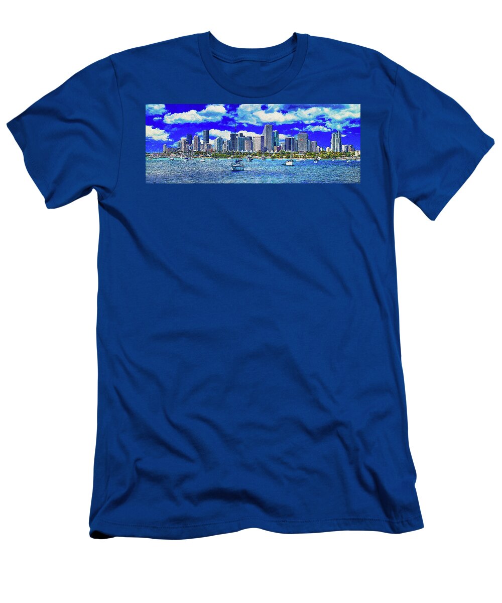 Miami T-Shirt featuring the digital art Panorama of downtown Miami seen from the Atlantic Ocean - impressionist painting by Nicko Prints
