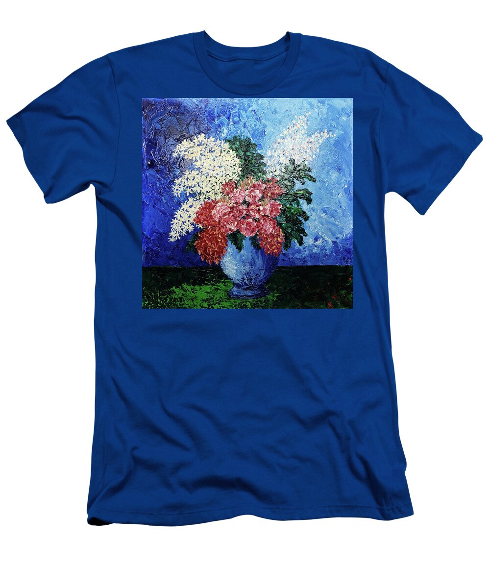 Abstract T-Shirt featuring the painting PICASSO'S FLOWERS Abstract in Blue Red White by Lynnie Lang