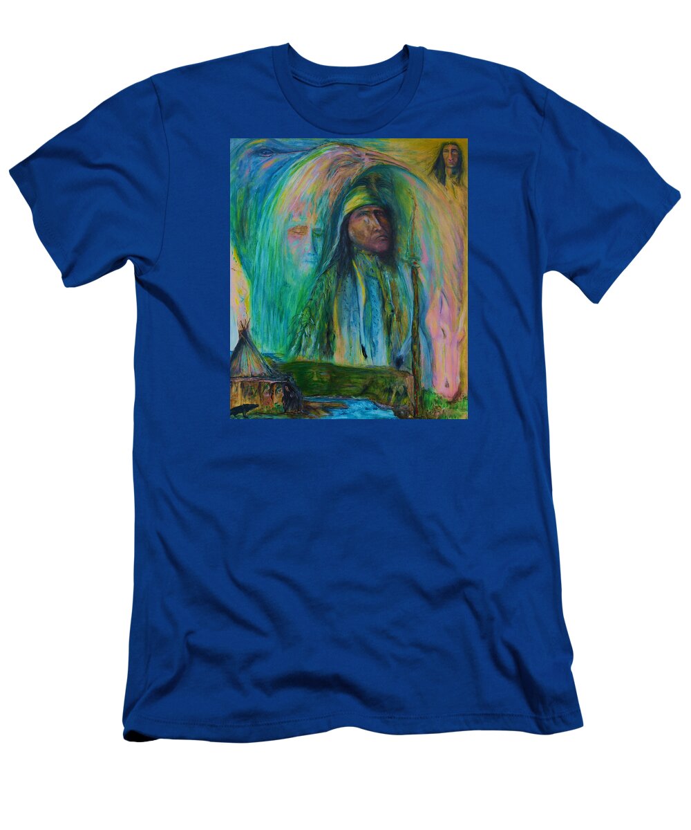 Blue T-Shirt featuring the painting Prayer Warrior by Kicking Bear Productions