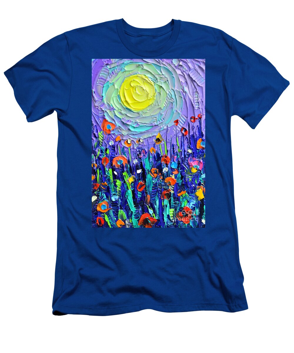 Wildflowers T-Shirt featuring the painting PURPLE NIGHT MEADOW BY MOON abstract wildflowers palette knife oil painting Ana Maria Edulescu by Ana Maria Edulescu