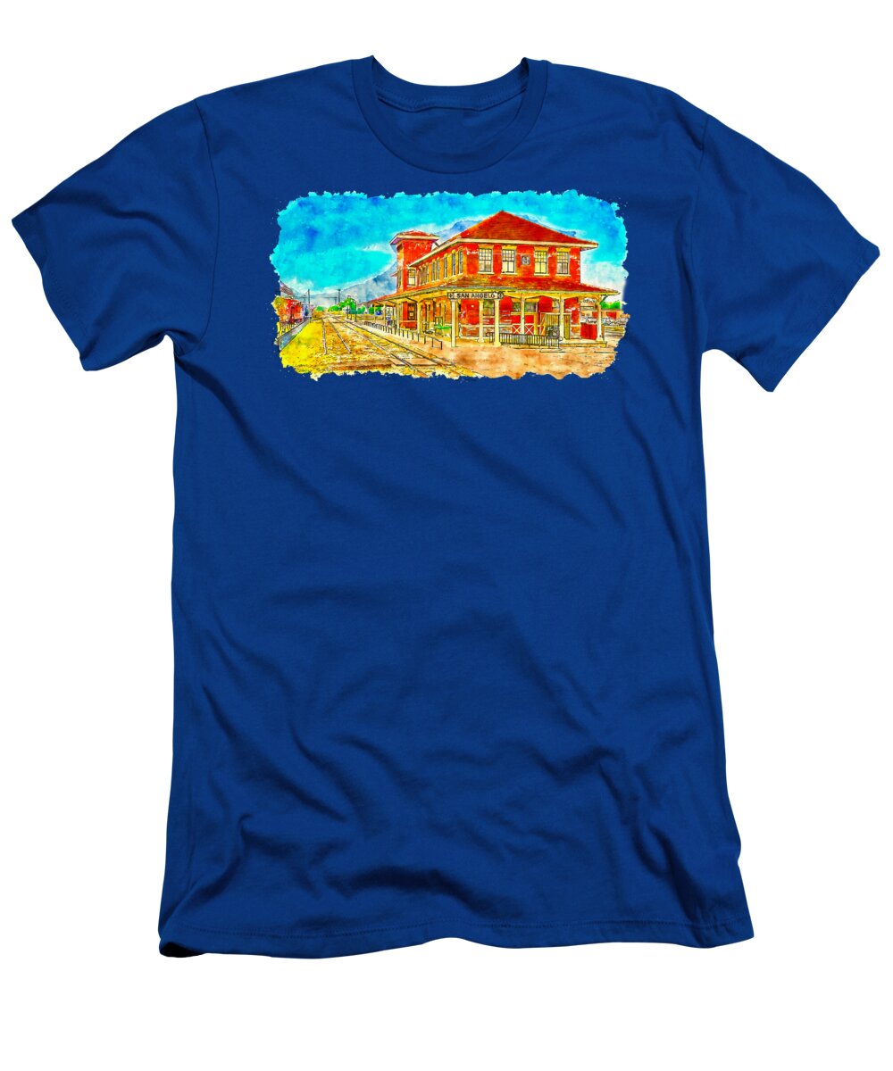 Railway Museum T-Shirt featuring the digital art Railway Museum of San Angelo, Texas - pen sketch and watercolor by Nicko Prints