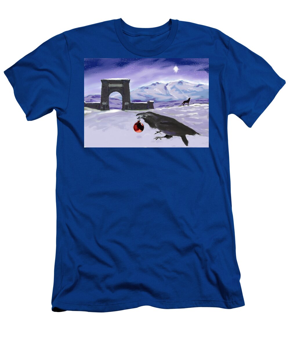 Raven T-Shirt featuring the digital art Raven and Wolf Christmas by Les Herman