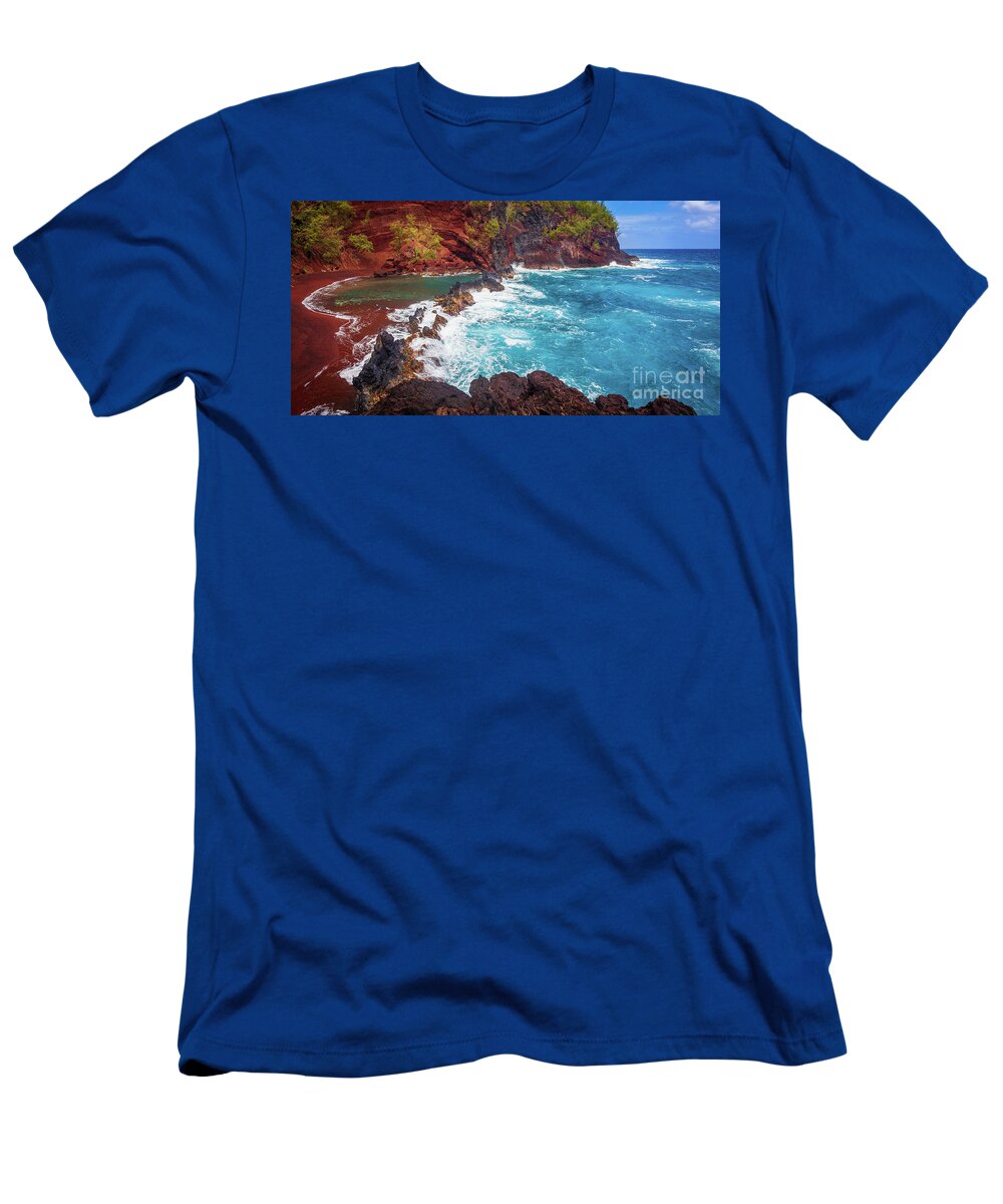 America T-Shirt featuring the photograph Red Sand Beach Panorama by Inge Johnsson