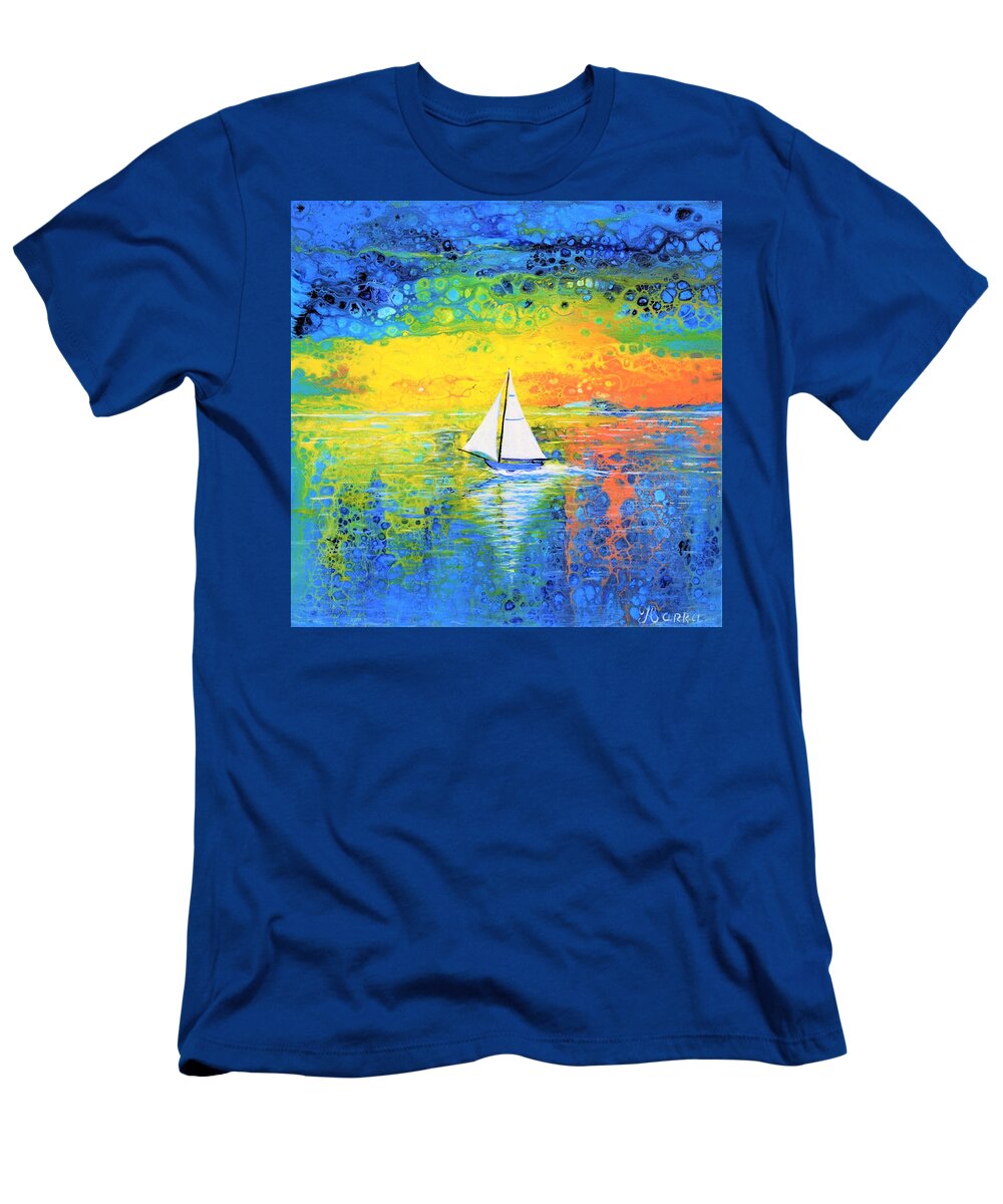 Wall Art Sailboat Sky Pouring Art Sunrise Sunset Home Decor Blue Sky Water Lake Art Gallery Acrylic Painting Abstract Painting T-Shirt featuring the painting Sailboat by Tanya Harr