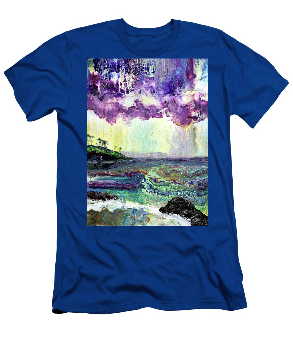 Pacific Northwest T-Shirt featuring the painting Seagulls in Sunset Rain by Laura Iverson