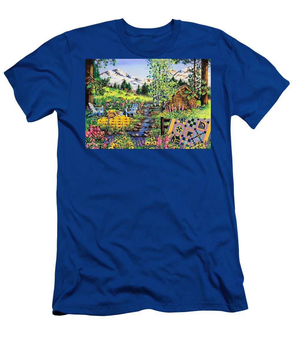Log Cabin T-Shirt featuring the painting Sisters Sampler by Diane Phalen
