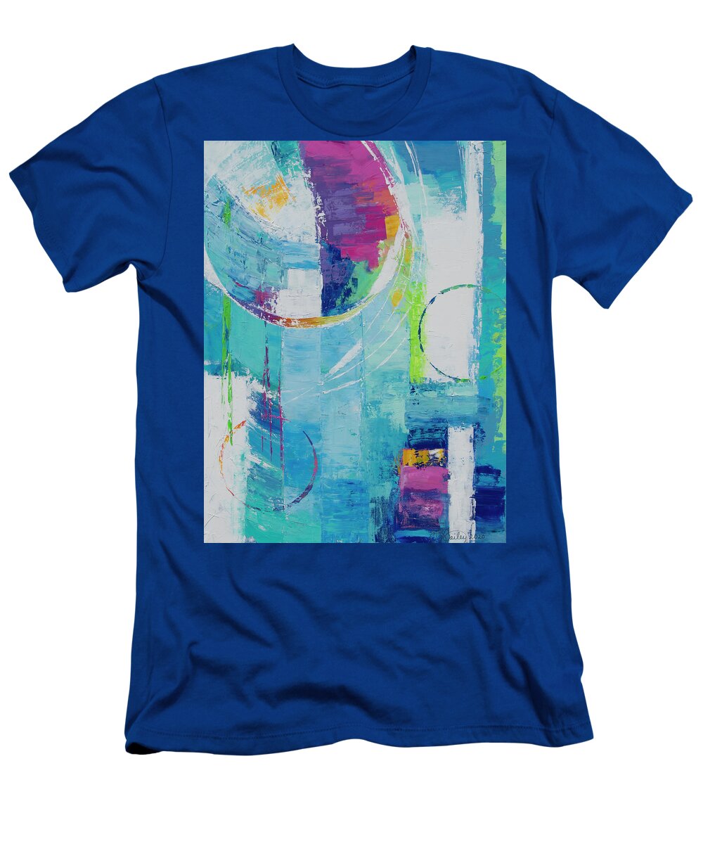 Colorful T-Shirt featuring the painting Spinning Into Control by Linda Bailey