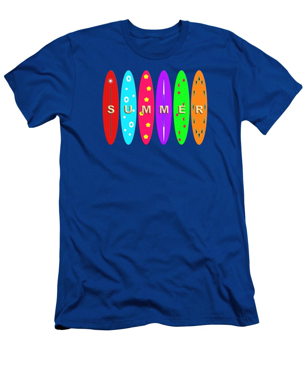 Surfing T-Shirt featuring the digital art Summer on the Beach with Multicoloured Surfboards by Barefoot Bodeez Art