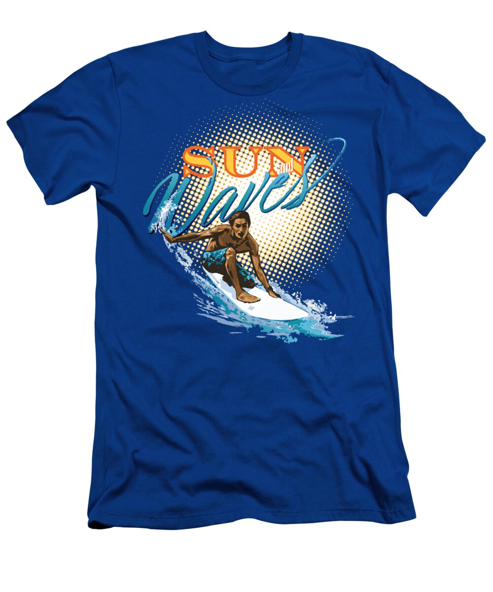 Surfer T-Shirt featuring the digital art SUN and WAVES surfer dude by Robert Corsetti