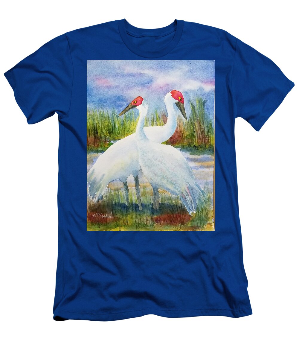 Sandhill Cranes T-Shirt featuring the painting The Locals by Ann Frederick