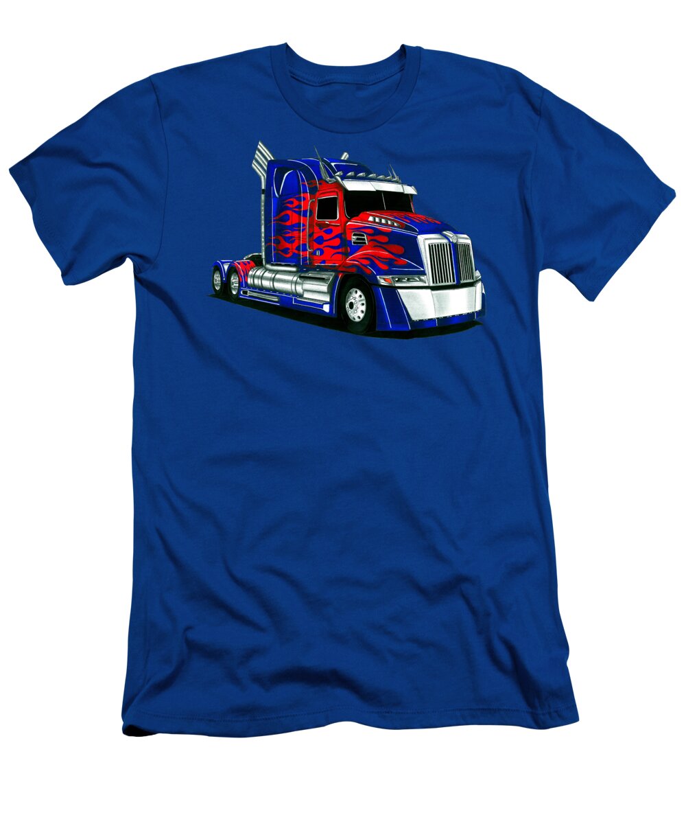 Drawing T-Shirt featuring the mixed media Transformers movie car Western Star 5700XE Optimus Prime #1 by Vladyslav Shapovalenko