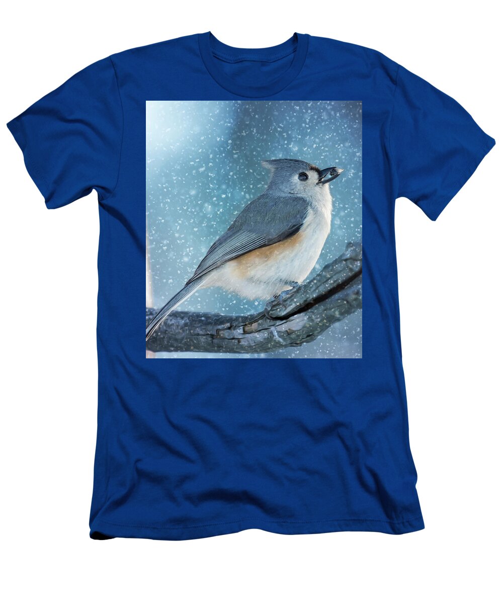Titmouse T-Shirt featuring the photograph Tufty Snags a Winter Snack by Bill and Linda Tiepelman