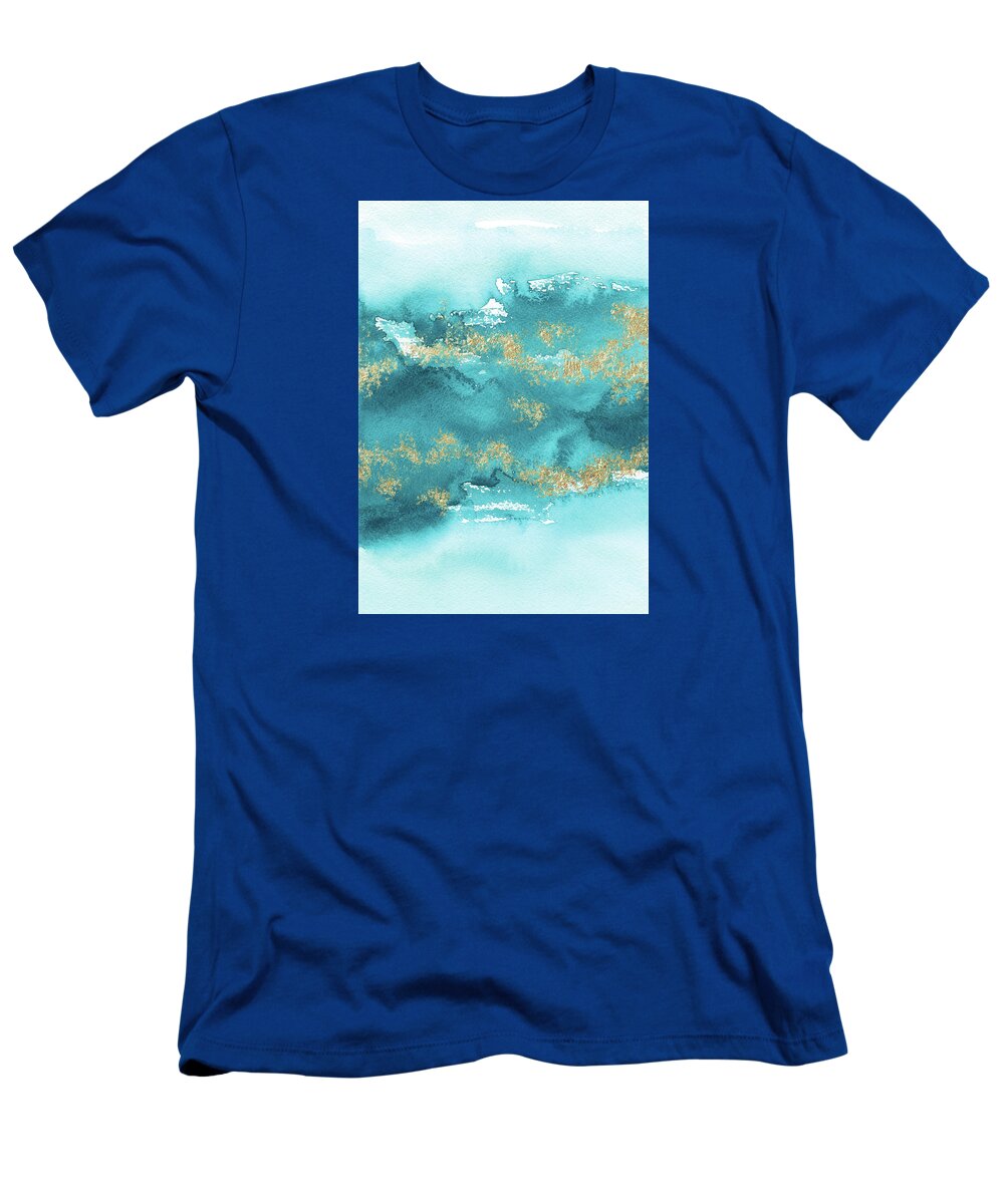 Turquoise Blue T-Shirt featuring the painting Turquoise Blue, Gold And Aquamarine by Garden Of Delights