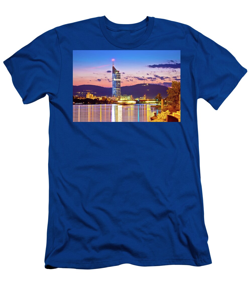 Vienna T-Shirt featuring the photograph Vienna. Danube river coastline evening view by Brch Photography