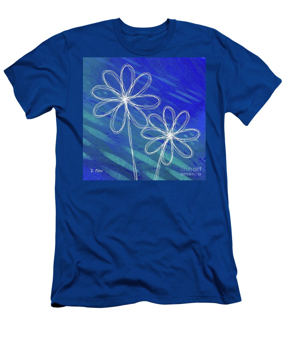 Retro Flowers T-Shirt featuring the mixed media White Abstract Flowers on Blue and Green by Donna Mibus