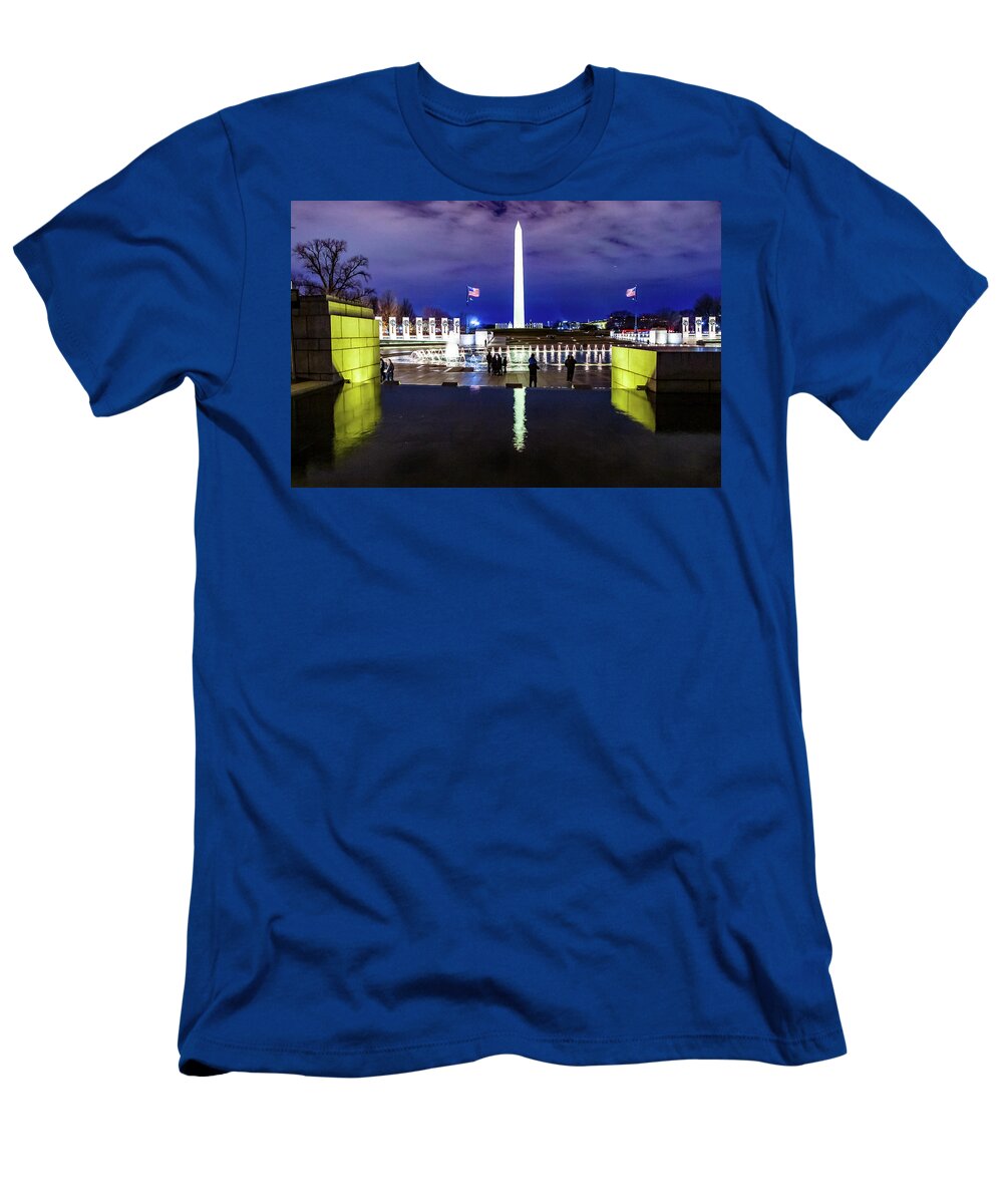 World War Ii Memorial T-Shirt featuring the digital art World War II Memorial with the Washington Monument in the background by SnapHappy Photos