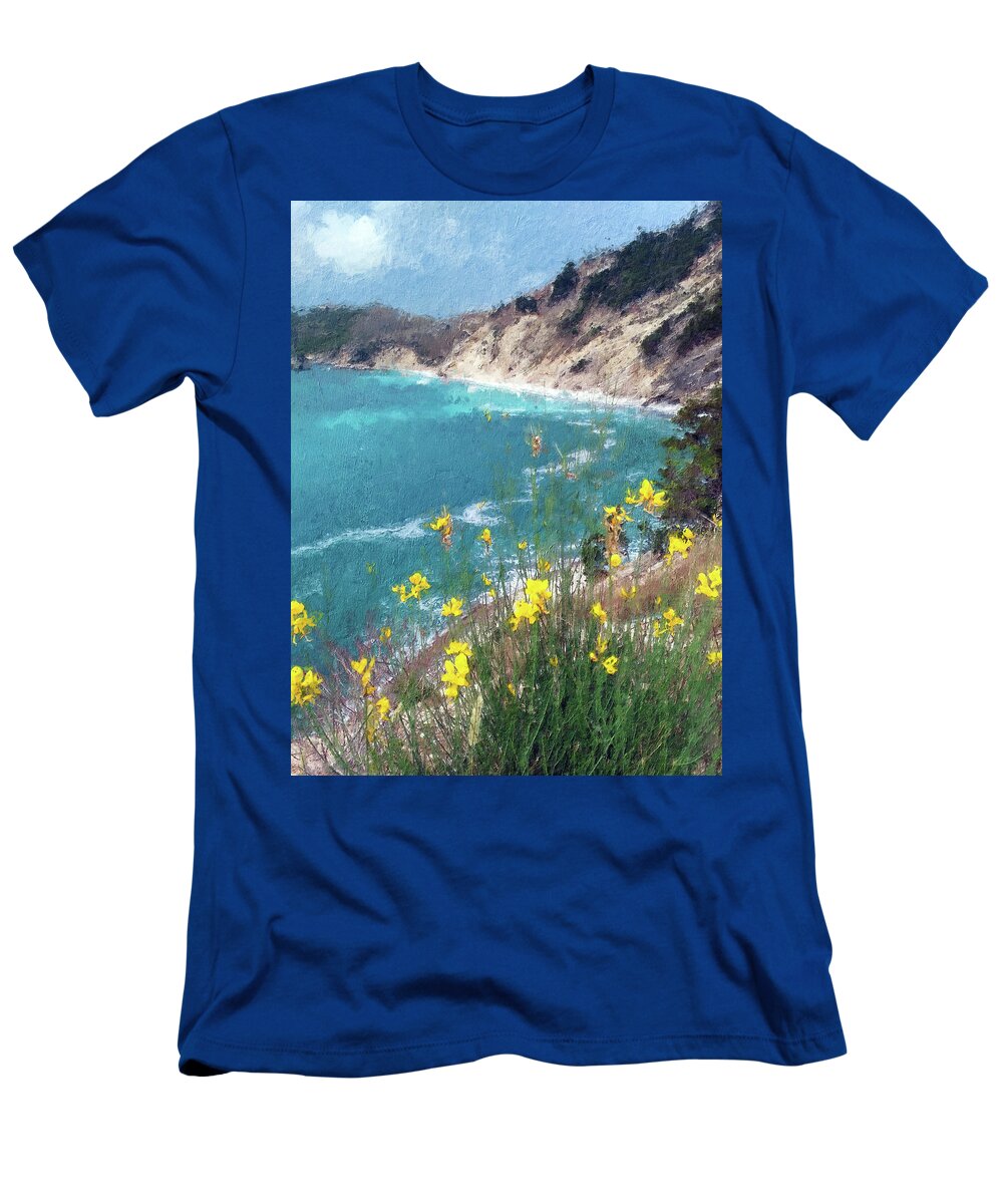 Sea Flowers T-Shirt featuring the painting Yellow Flowers over the Sea Bay by Alex Mir