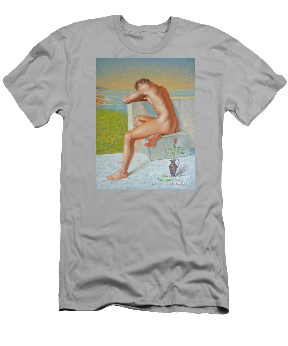 Original T-Shirt featuring the painting Original Classic Oil Painting Man Body Art Male Nude And Vase #16-2-4-09 by Hongtao Huang