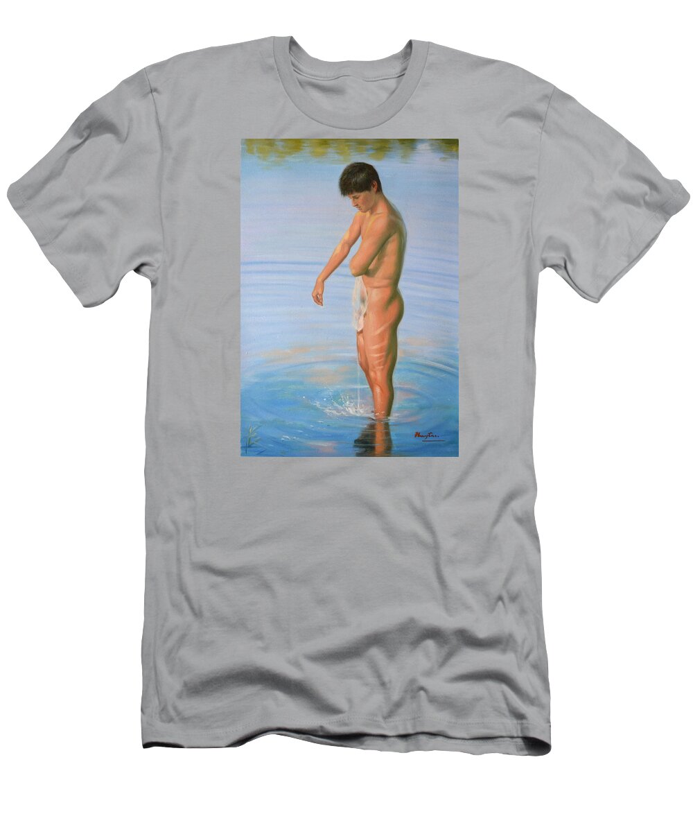Original T-Shirt featuring the painting Original Classic Oil Painting Man Body Male Nude #16-2-4-08 by Hongtao Huang