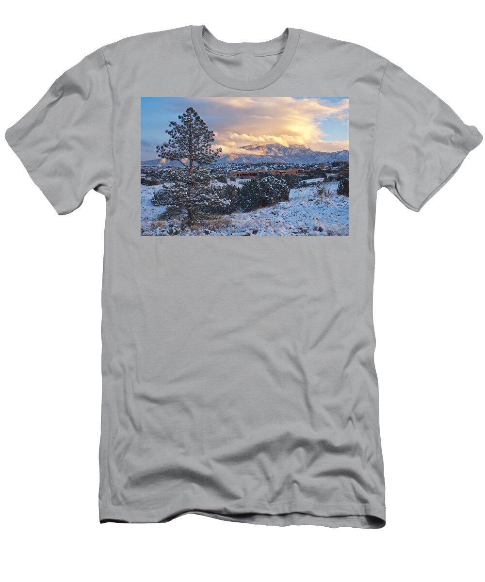 Landscapes T-Shirt featuring the photograph Sandia Mountains with Snow at Sunset by Mary Lee Dereske