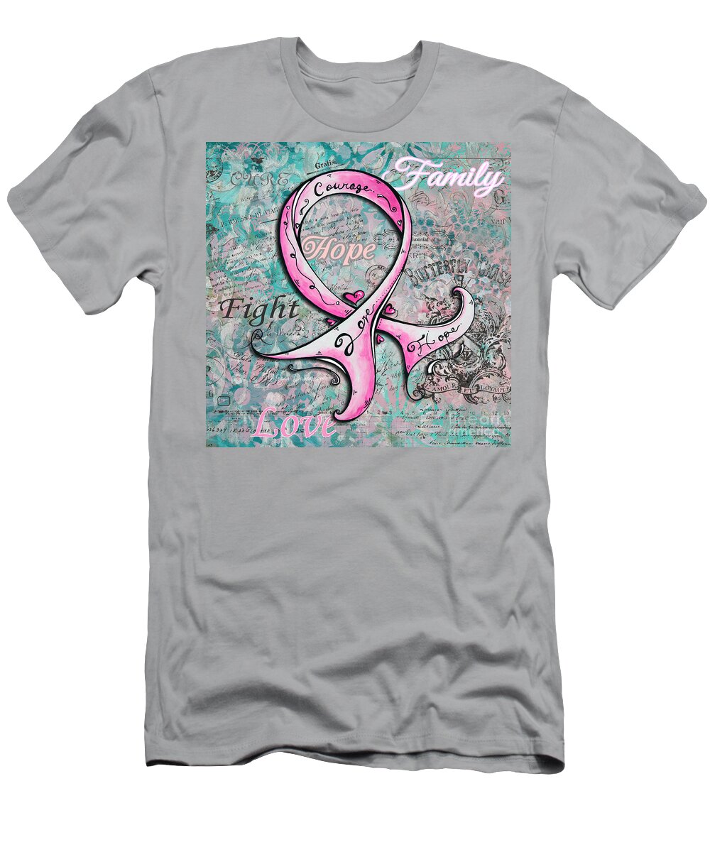 Pink T-Shirt featuring the painting Beautiful Inspirational Elegant Pink Ribbon Design Art for Breast Cancer Awareness #1 by Megan Aroon