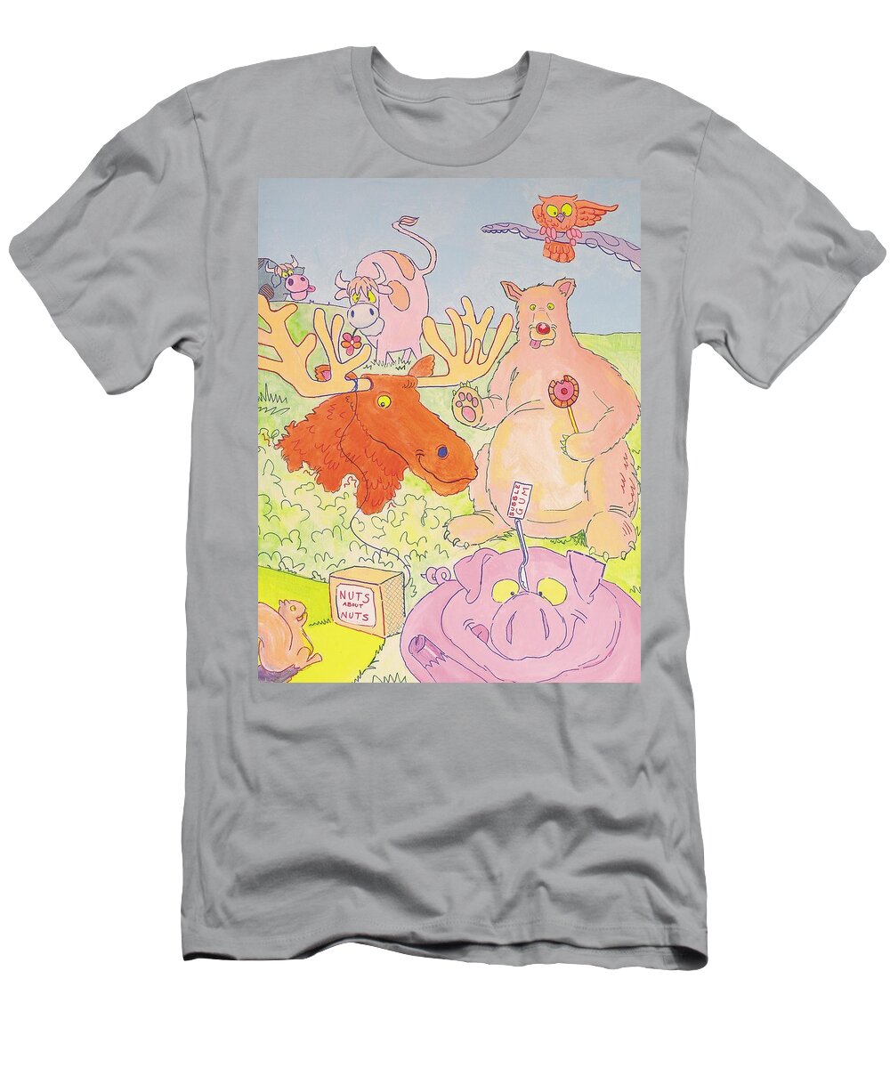 Moose T-Shirt featuring the painting Cartoon Animals #1 by Mike Jory