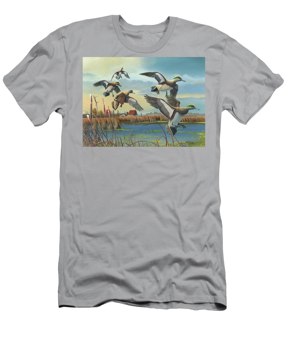 American Wigeons T-Shirt featuring the painting Coming Home by Mike Brown
