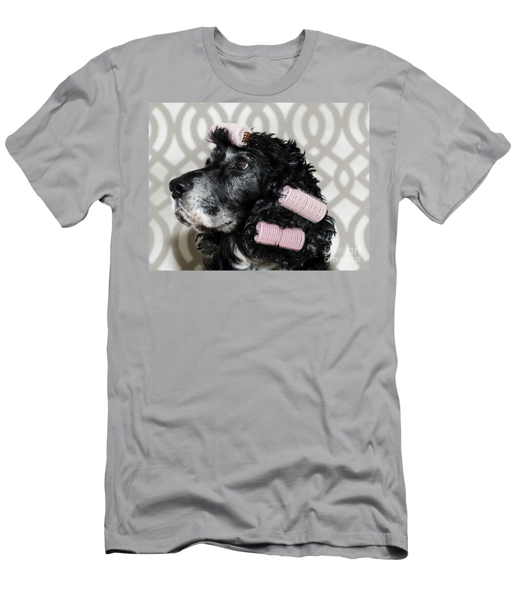 Dog T-Shirt featuring the photograph Dog with pink curlers #1 by Mats Silvan