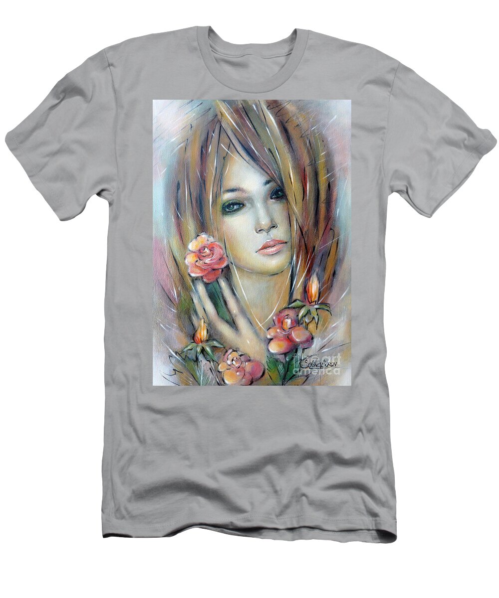 Girl T-Shirt featuring the painting Doll With Roses 010111 #1 by Selena Boron