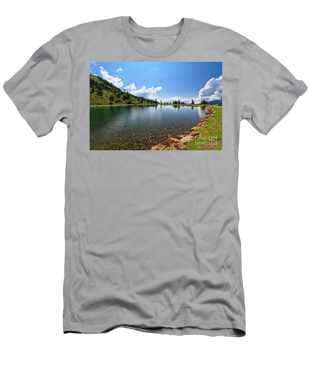 Alpine T-Shirt featuring the photograph Doss dei Gembri lake in Pejo Valley #1 by Antonio Scarpi