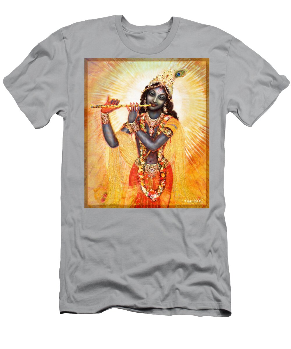 Krishna T-Shirt featuring the mixed media Krishna with the Flute #1 by Ananda Vdovic