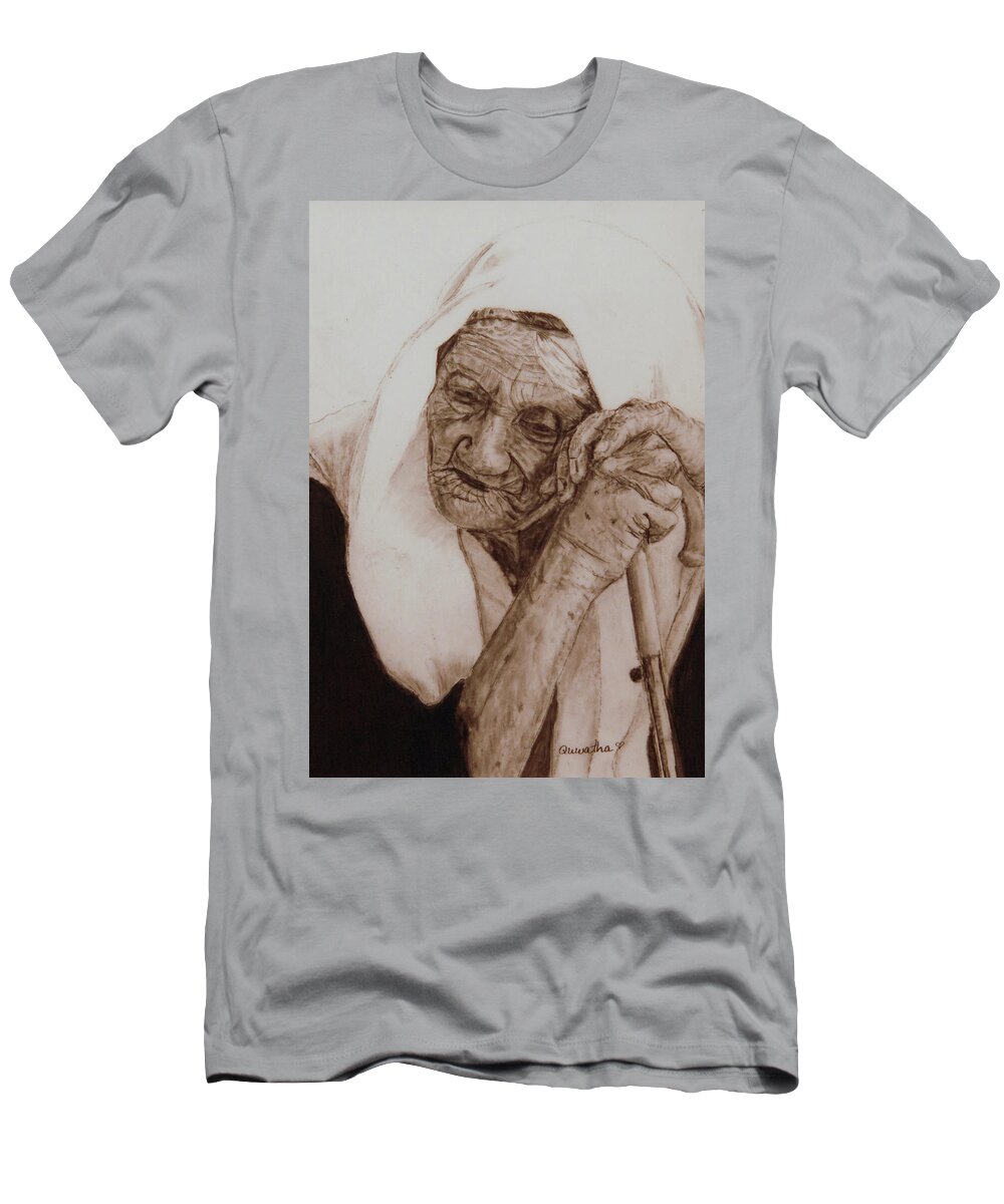 Old Woman T-Shirt featuring the drawing Loneliness by Quwatha Valentine