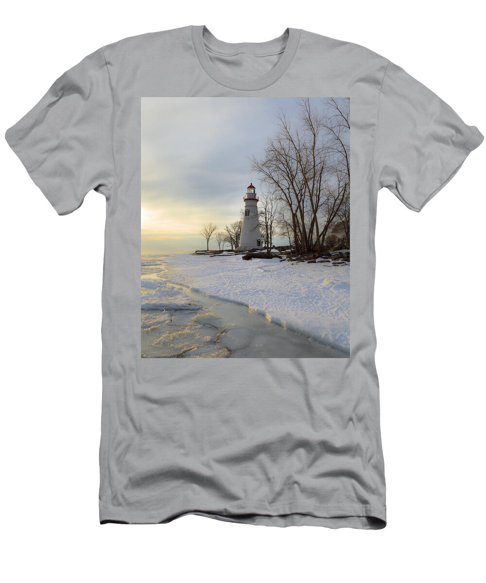 Erie T-Shirt featuring the photograph Marblehead Lighthouse Winter Sunrise #1 by Jack R Perry