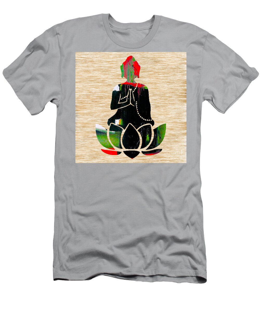Namaste Paintings T-Shirt featuring the mixed media Buddah On A Lotus #15 by Marvin Blaine