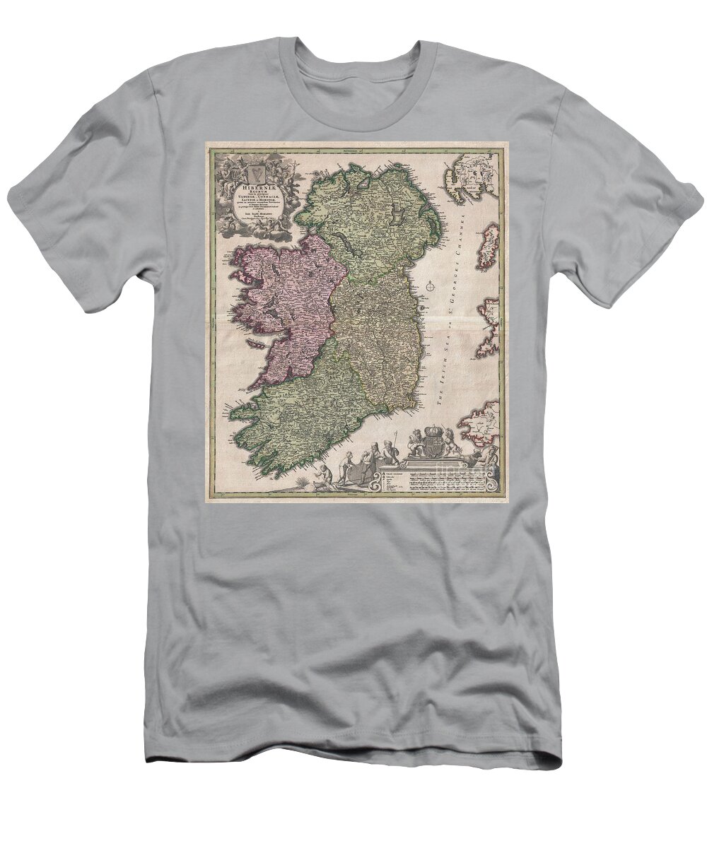 An Iconic C. 1716 Map Of Ireland By Johann Baptist Homann. A Fine Example Of Homann's Work T-Shirt featuring the photograph 1716 Homann Map of Ireland by Paul Fearn