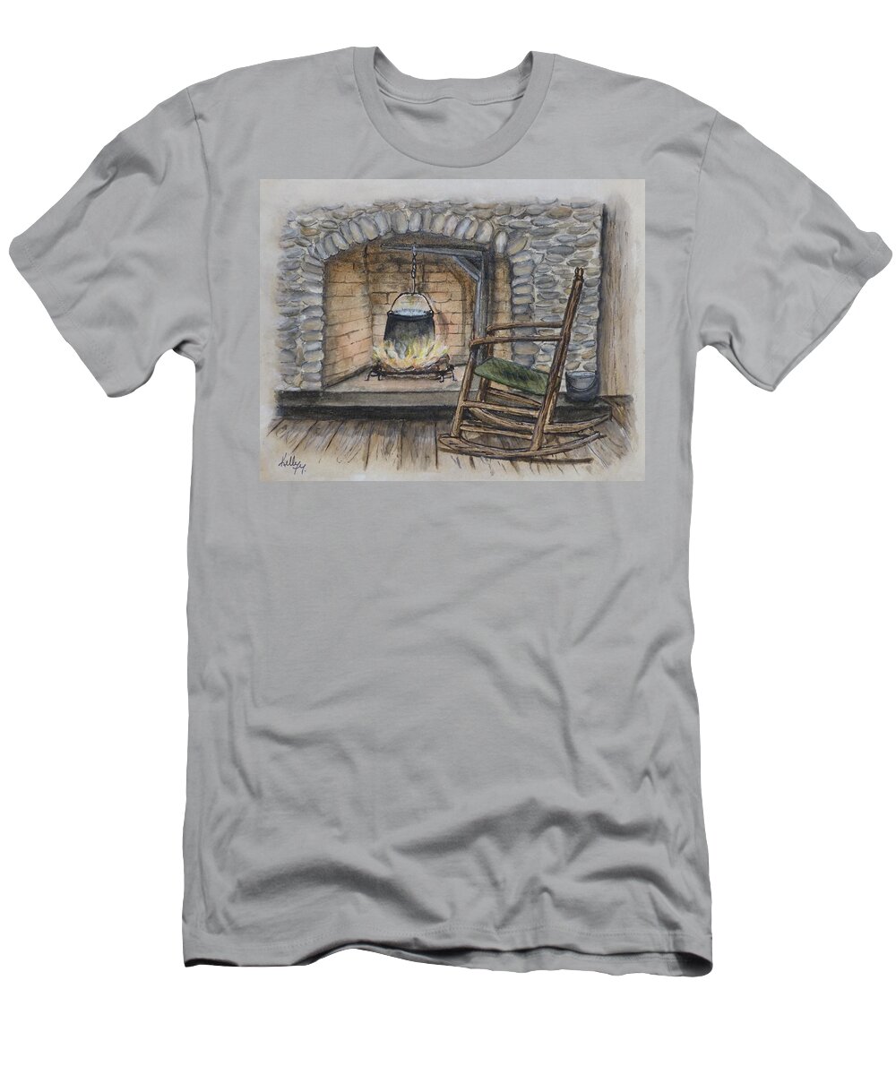 Fireplace T-Shirt featuring the painting 1800s Cozy Cooking .... Fire Place by Kelly Mills
