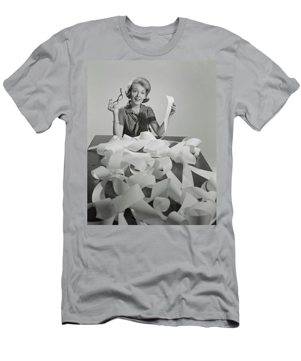 Photography T-Shirt featuring the photograph 1960s Woman Holding Eyeglasses And End by Vintage Images