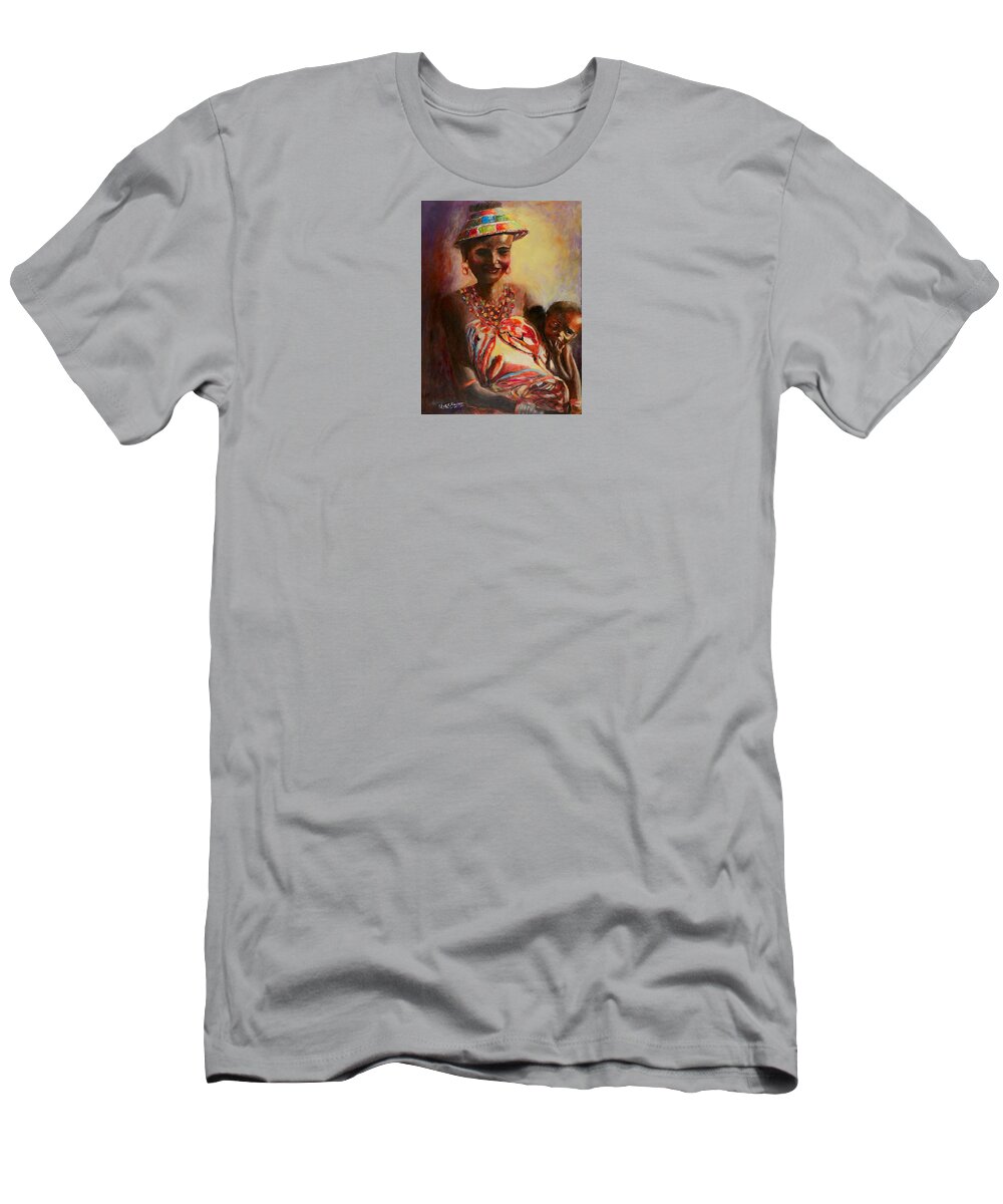 African Mother T-Shirt featuring the painting African Mother and Child by Sher Nasser