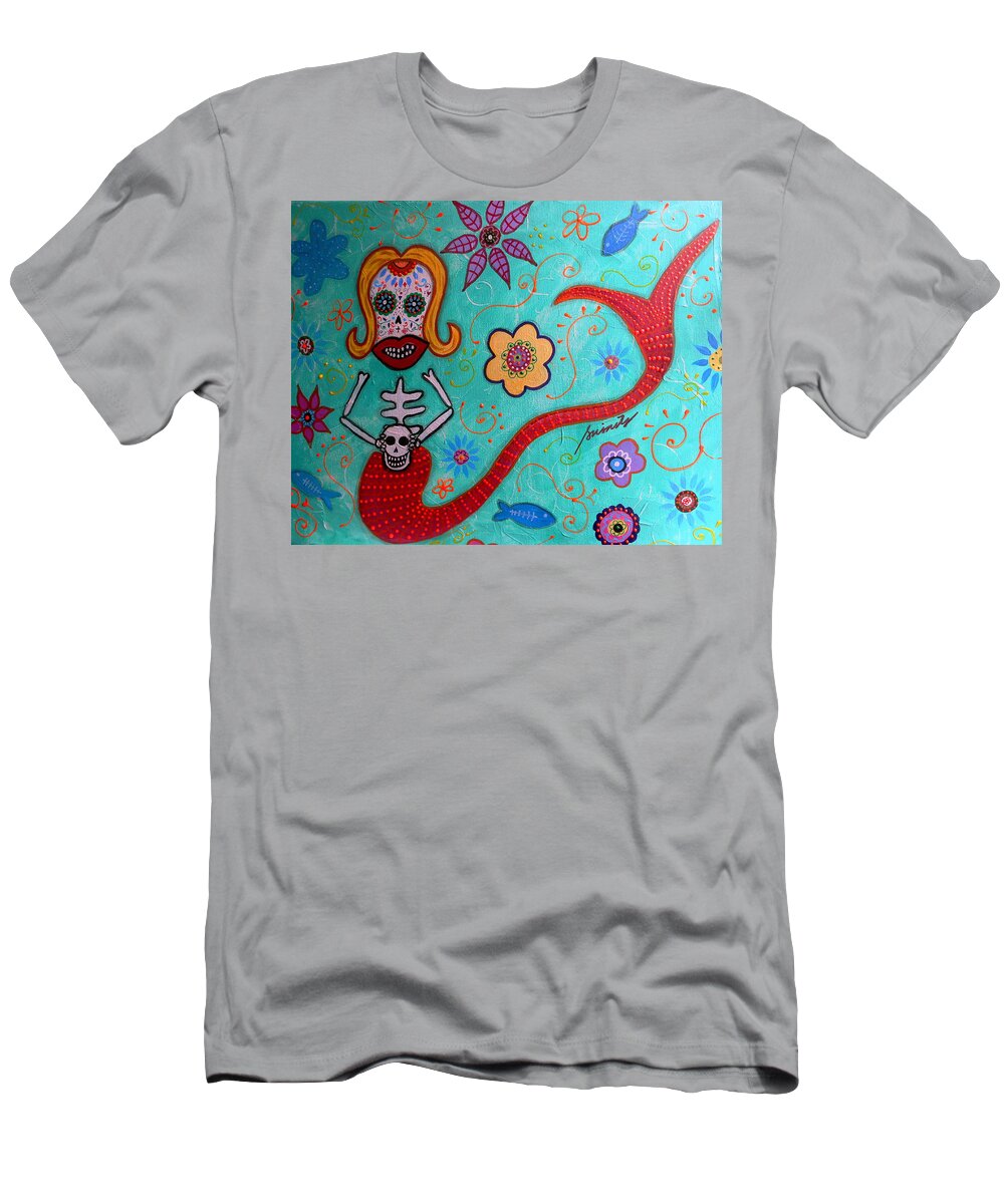 Mermaid T-Shirt featuring the painting Day Of The Dead Mermaid #2 by Pristine Cartera Turkus