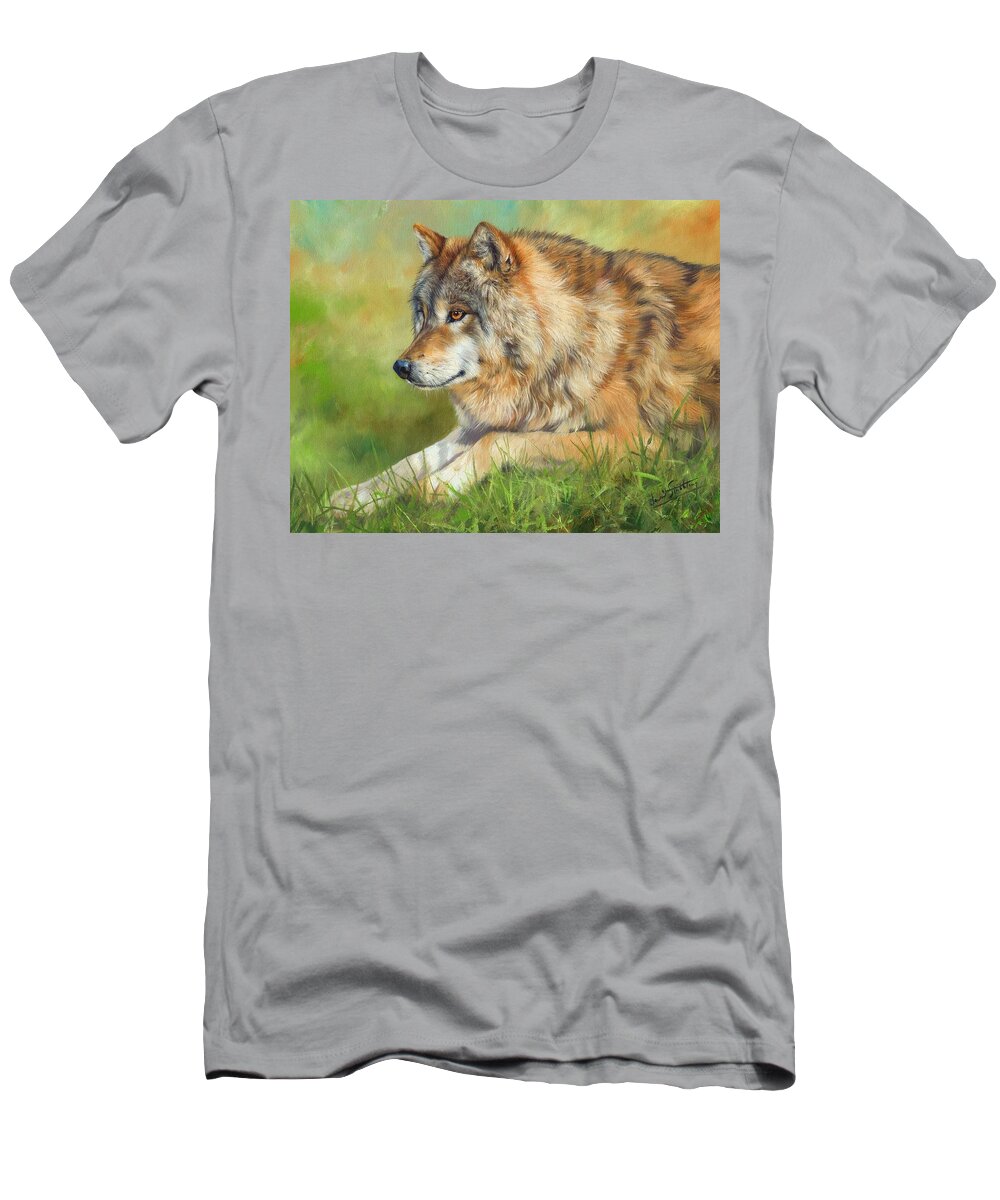 Wolf T-Shirt featuring the painting Grey Wolf #2 by David Stribbling