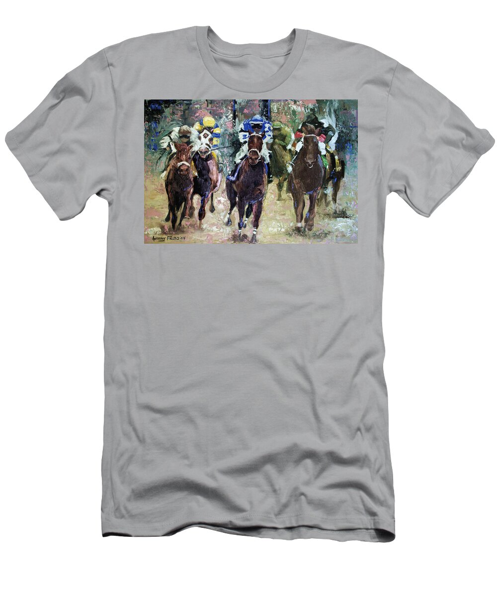The Bets Are On T-Shirt featuring the painting The Bets Are On by Anthony Falbo