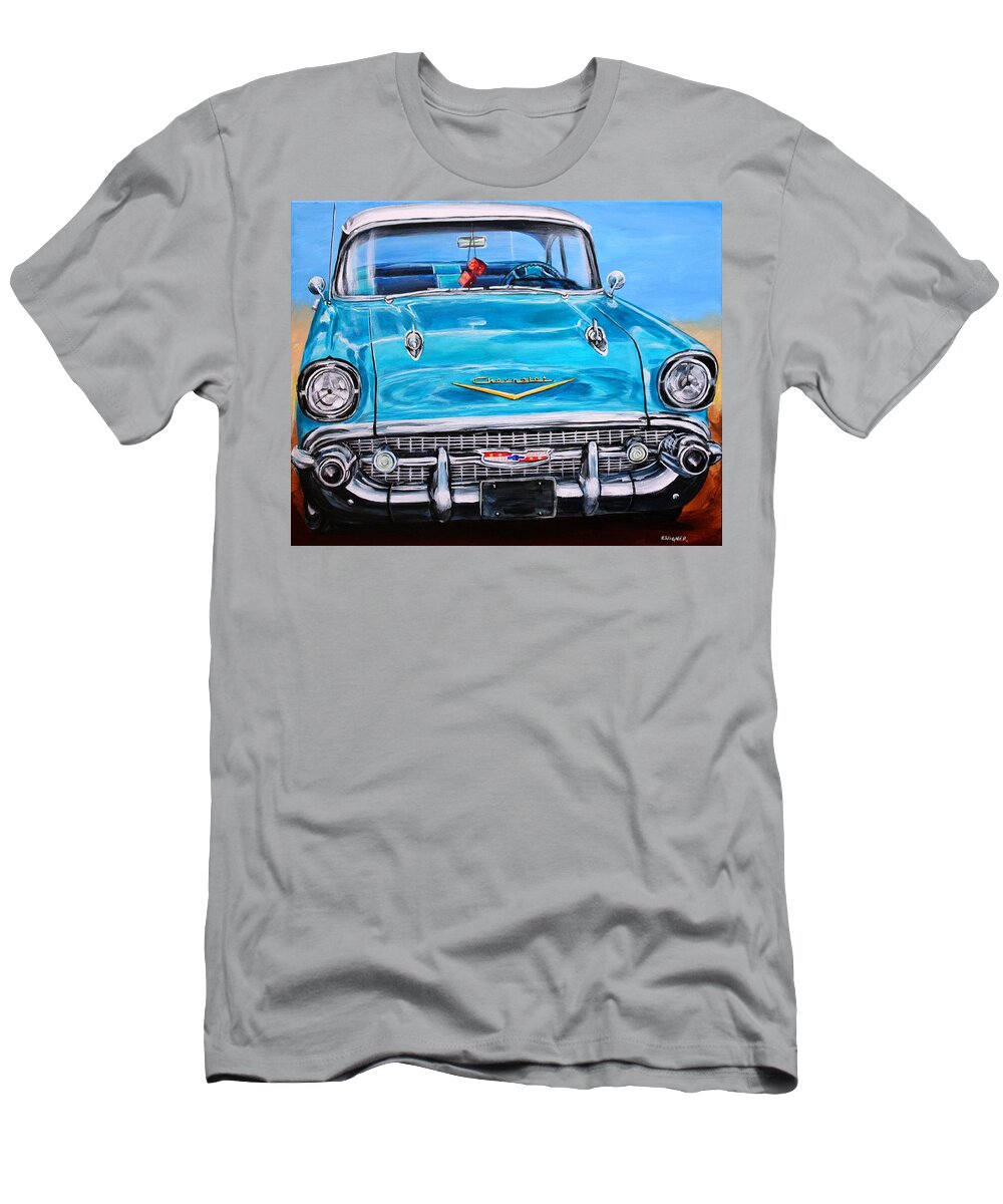 Chevy T-Shirt featuring the painting '57 Chevy Front End by Karl Wagner