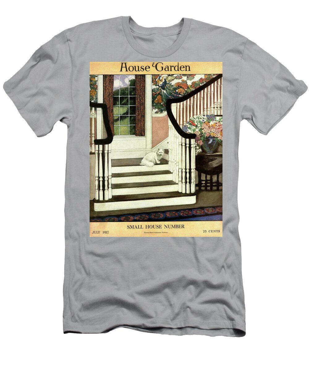 Animal T-Shirt featuring the photograph A House And Garden Cover Of A Cat On A Staircase by Ethel Franklin Betts Baines