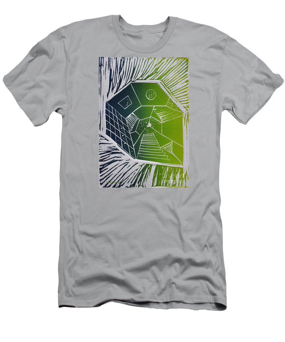 Linocut T-Shirt featuring the mixed media A New Dimension blue and green linocut by Verana Stark