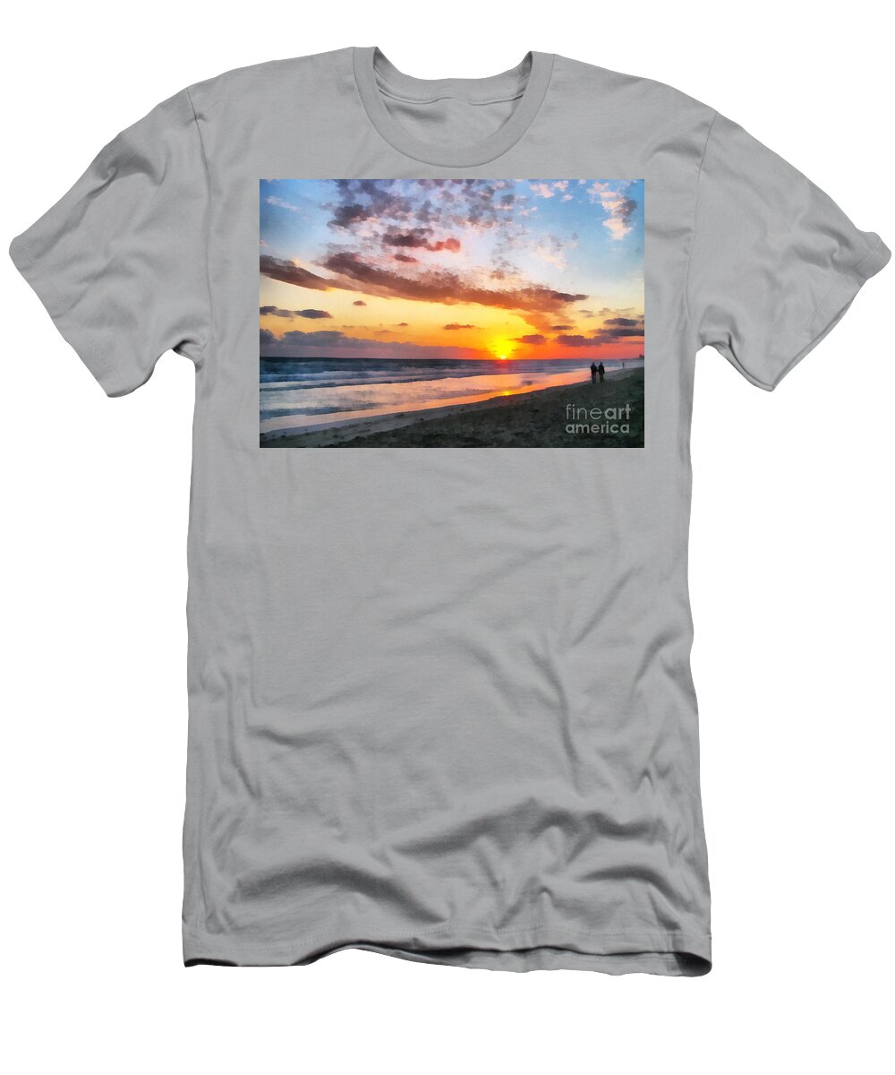  Beach T-Shirt featuring the painting A painting of the sunset at sea by Odon Czintos