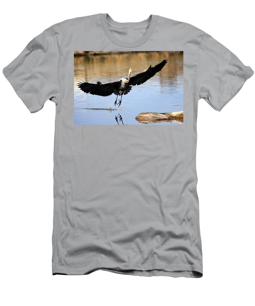 Great Blue Heron T-Shirt featuring the photograph A Perfect Landing by Shane Bechler